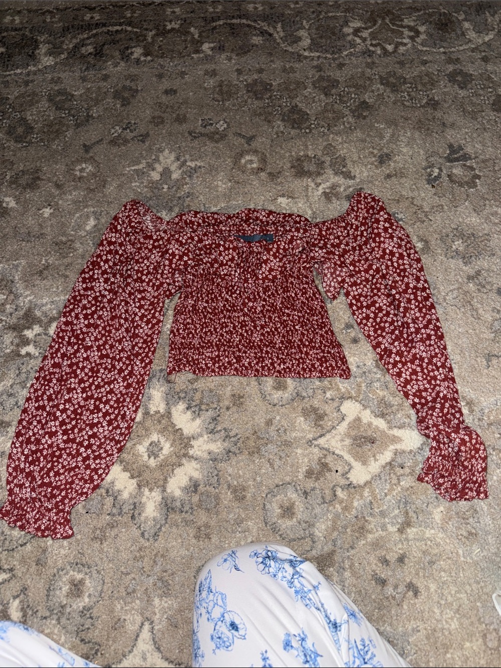Red Floral Smocked Puff-Sleeve Crop Top